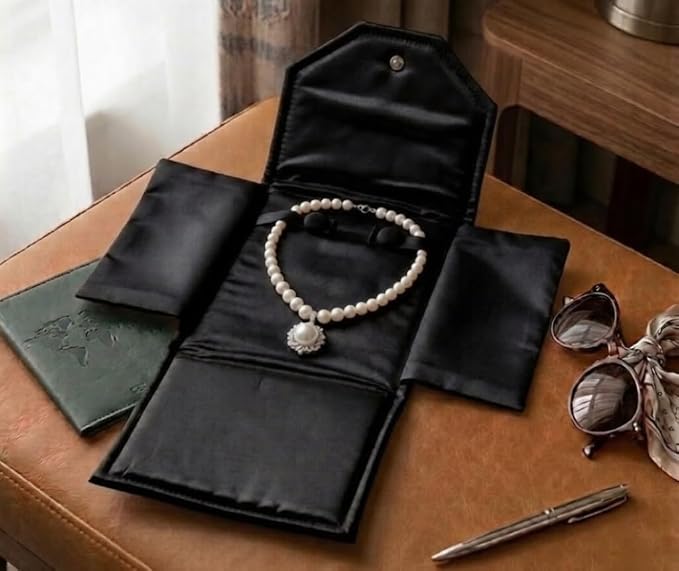 Novel Box Necklace Display Pearl Folder 8x6 inch Large Travel Jewelry Case - Wedding Jewelry Storage Holder with Smooth Finish - Jewelry Organizer Necklace Box - Black/Black Stitched - Image 2