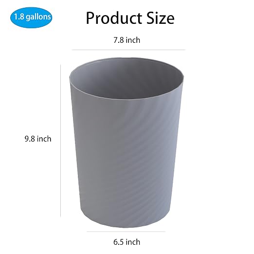 UUJOLY Plastic Small Trash Can Wastebasket, Garbage Container Basket for Bathrooms, Laundry Room, Kitchens, Offices, Kids Rooms, Dorms, (Grey, 1.8 Gallon) - Image 7