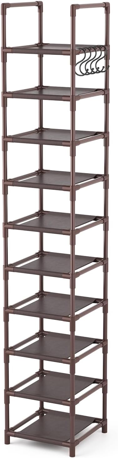 LANTEFUL Tall Shoe Rack 10-Tier Narrow Shoe Shelf Storage for 10-15 Pairs Shoe and Boot, Sturdy Shoe Storage Space Saving Corner Shoe Rack Organizer for Closet, Entryway, Living Room, Brown - Image 8