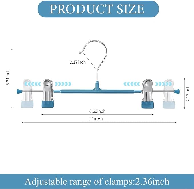 14Inch Blue Pants Hangers with Clips 20 Pack Adjustable Skirt Hangers for Women Non-Slip Trousers Hanger for Jeans Clothes Hangers for Pants Heavy Duty Space Saving Shorts Hangers - Image 6
