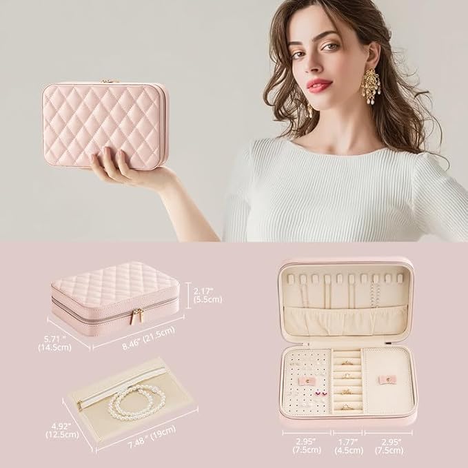 Lolalet Travel Jewelry Case for Women Girls, Travel Jewelry Organizer Box with Mirror & Clear Storage Bag, Small Portable Earring Necklace Bracelet Ring Case, Birthday Valentine Gifts -Medium, Pink - Image 6