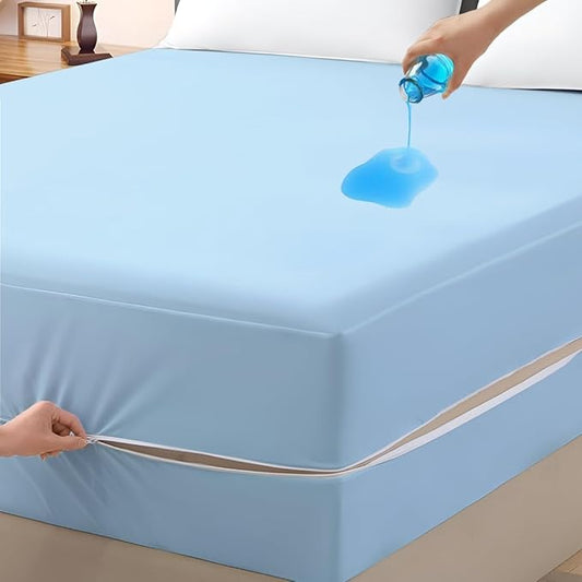 Mattress Protector Crib Size 100% Waterproof Zippered Cover, 6 Inches Deep, Six-Sided Mattress Encasement for Bed, Zipper Closure Style (Light Blue)