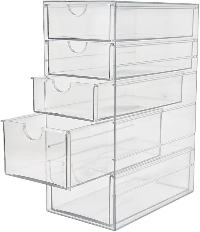 Plastic Drawer Storage with 5 Different Sizes Drawers, Clear Light Gray Hair Accessories Organizer, Transparent Dresser Bathroom Organizer - Image 7