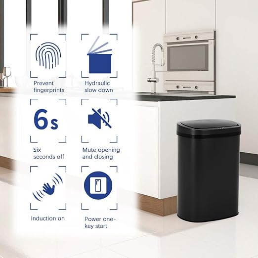 Stainless Steel Kitchen Trash Can Bathroom Bedroom Office Waste Bin with Lid Automatic Sensor Touch Free Garbage Can 13 Gallon / 50L,Black - Image 3