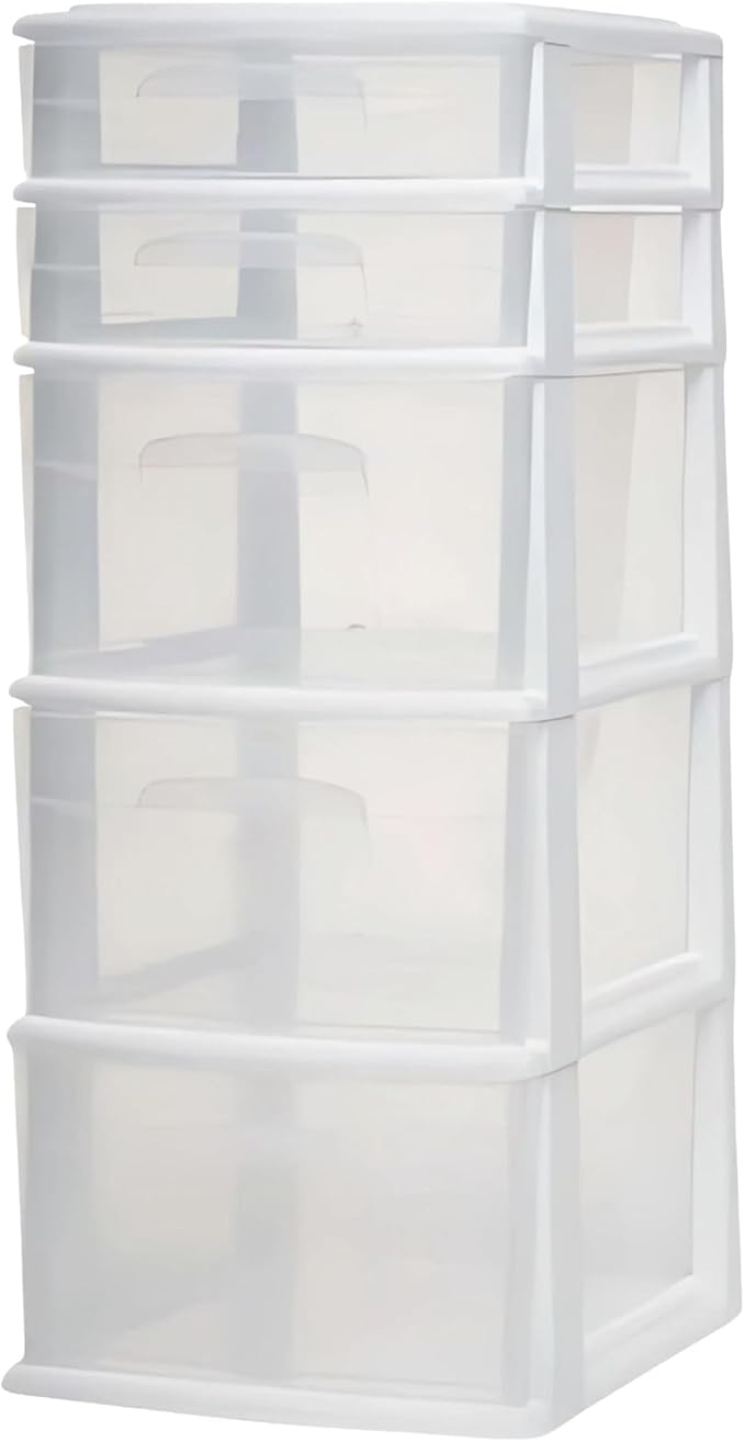 HOMZ 5-Drawer Storage Cart, Clear Plastic Drawers, 14.25" Wide Medium, White Frame - Organizing Drawer Containers for Home, Bathroom, Office, and Classroom by Homz