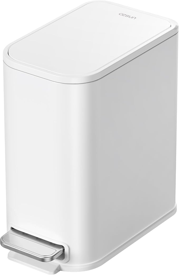 Cesun Small Bathroom Trash Can with Lid Soft Close, Step Pedal, 5 Liter / 1.3 Gallon Stainless Steel Garbage Can with Removable Inner Bucket, Waste Basket for Bathroom, Bedroom (White) by Cesun