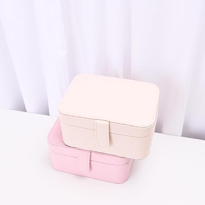 Jewelry Travel Case, 2-Layer Jewelry Box Organizer Medium Jewelry Travel Box, Portable Faux Leather Jewellery Storage Boxes with Argyle for Women, Daily Jewellery Case Home Use (Apricot beige) - Image 4