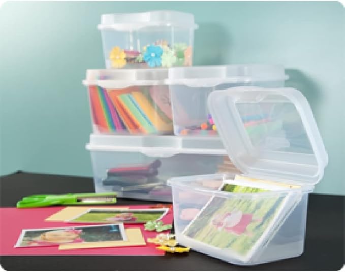 Sterilite FlipTop, Stackable Small Storage Bin with Hinging Lid, Plastic Container to Organize Desk at Home, Classroom, Office, Clear, 1-Pack - Image 5