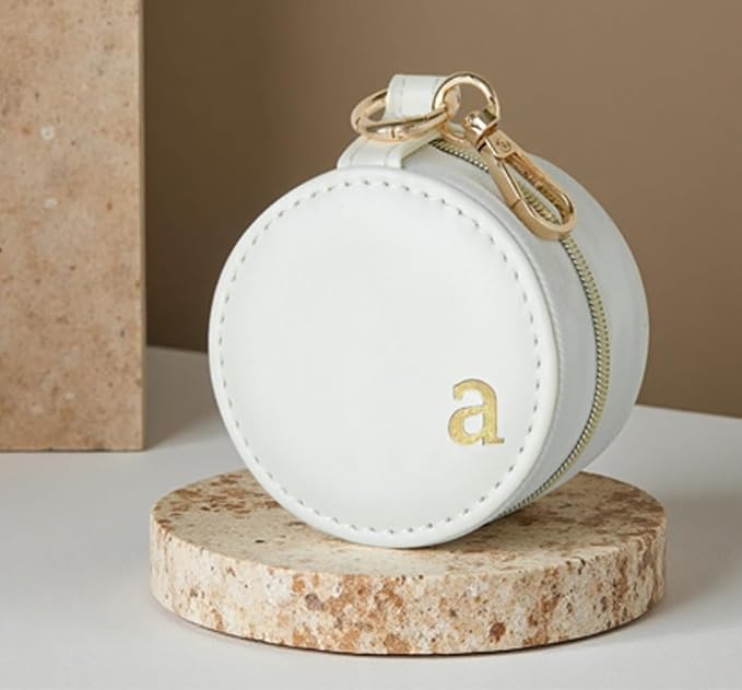 COLLECTIVE HOME - Monogrammed Letter Jewelry Case, Portable Travel Ring Holder Box with Keychain, Personalized Initial Organizer for Earrings Necklaces, Gift for Her (White-a) - Image 2