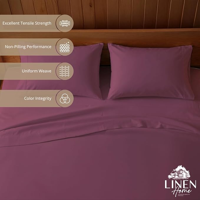 Linen Home 100% Cotton Percale Sheets King Size, Damson Berry, Deep Pocket, 4 Pieces Set - 1 Flat, 1 Deep Pocket Fitted Sheet and 2 Pillowcases, Crisp Cool and Strong Bed Linen