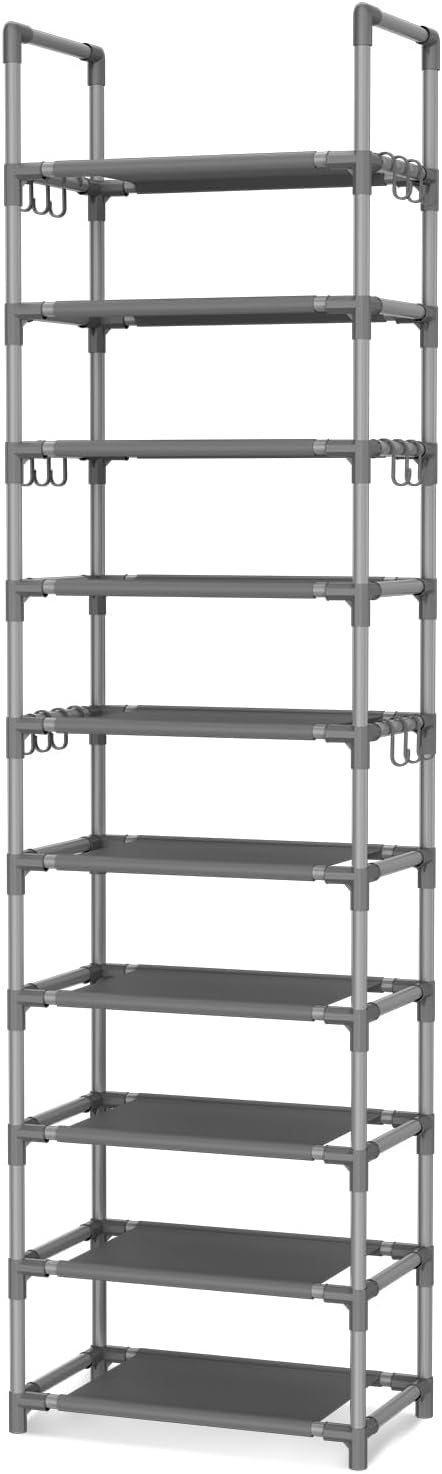 VTRIN 10 Tiers Tall Shoe Rack Holds 20-25 Pairs of Shoes Sturdy Vertical Shoe Organizer with 18pcs Hooks Stackable Narrow Shoe Rack for Closet, Entryway Grey - Image 8
