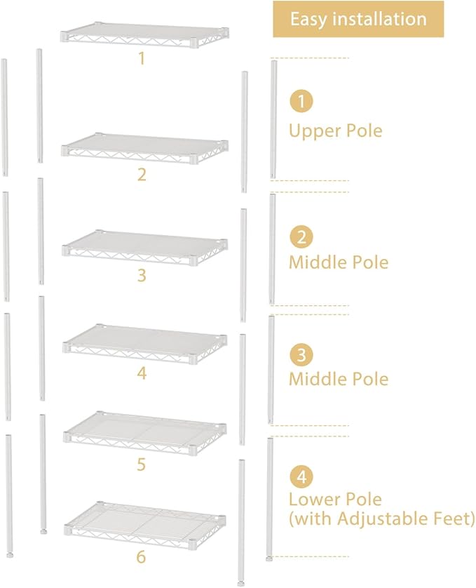 SINGAYE 6 Small Shelf Storage Wire Shelves Closet Bathroom Organizers Metal Pantry Kitchen Garage Shelving Unit Laundry Room Organization Home Narrow Rack Net Basket with Wheels White - Image 3
