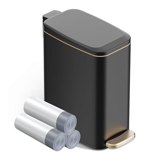 KSSKSS Small Bathroom Trash Can with Lid Soft Close, Step Pedal, 6L / 1.6 Gal Stainless Steel Garbage Bin with Removable Inner Bucket, Slim Wastebasket for Narrow Spaces (Black) by ksskss