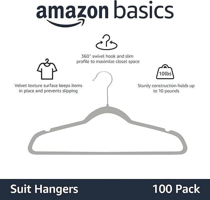 Amazon Basics Slim Velvet Non-Slip Space Saving Suit Clothes Hangers for Closet Organization, Gray/Silver, 100-Pack - Image 2