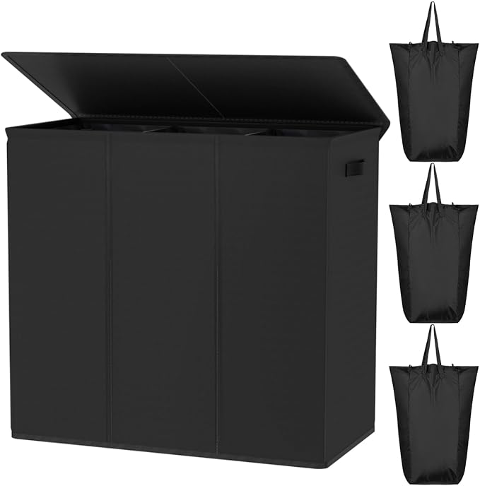 WOWLIVE 180L Laundry Hamper with Lid 3 Section,Large Laundry Basket with Removable Bags and Handles,Collapsible Dirty Clothes Hampers for Laundry,Laundry Basket Organizer for Laundry Room,Dorm,Black by WOWLIVE