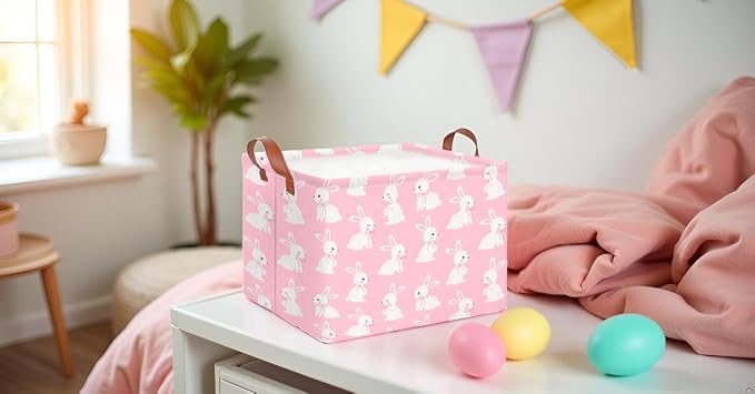 CLOCOR Rectangular Pink Easter Gift Basket Empty,Waterproof Easter Bunny Bakset for Egg Hunting(Pink Easter Bunny) - Image 2