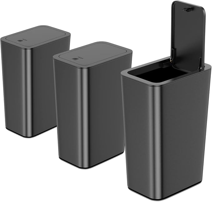N. NETDOT 3 Pack 10 L/2.6 Gal Bathroom Trash Can with Lid, Small Kitchen Trash Bin with Press Type Lid, Black Trash Can/Slim Garbage Cans/Trash Bin/Waste Basket for Bathroom,Kitchen,Office,Bedroom by NNETDOT