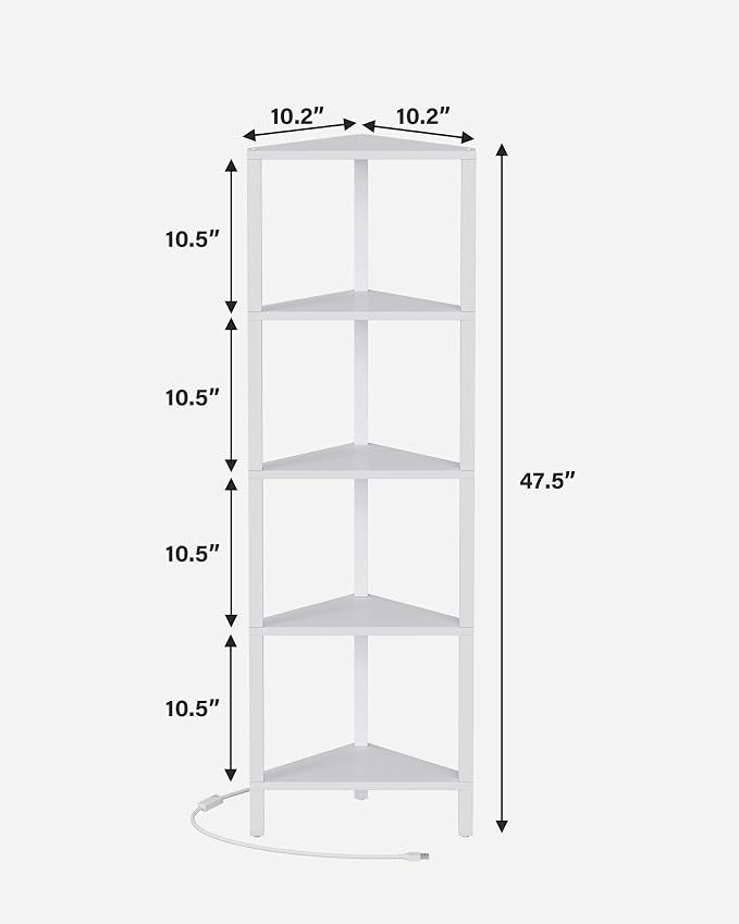 TUTOTAK Corner Shelf with LED Light, 5-Tier Corner Bookshelf for Small Space, Narrow Display Corner Shelf Stand with Storage Rack, for Living Room, Bedroom, White BS05BW005L - Image 2