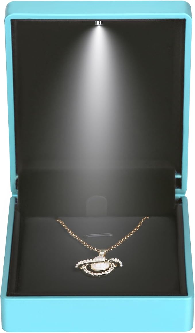 LED Light Pendant Necklace Gift Box, Velvet Jewelry Storage Display Case for Proposal Engagement Wedding Anniversary Birthday Valentine's Day (Blue Style 2) - Image 3