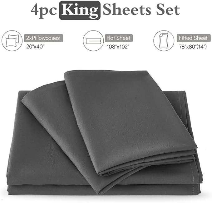 ILAVANDE King Size Sheets Set 4 Piece, Hotel Luxury Super Soft 1800 Series Microfiber Grey Bed Sheets King Set-Wrinkle Free & Breathable-14 Deep Pocket Sheets for King Size Bed(King,Neutral Grey)