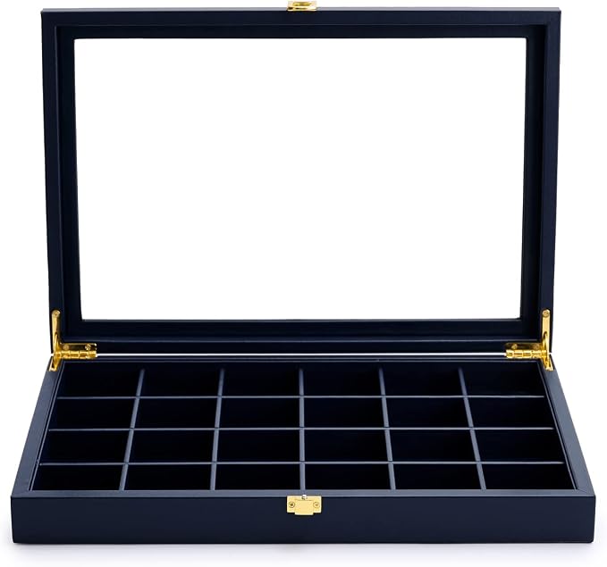 Oirlv Premium Blue Leather 24 Grid Jewelry Tray with Transparent Lid Earrings Rings Organizer Box Stackable Jewelry Box Drawer Inserts Women Gift by Oirlv