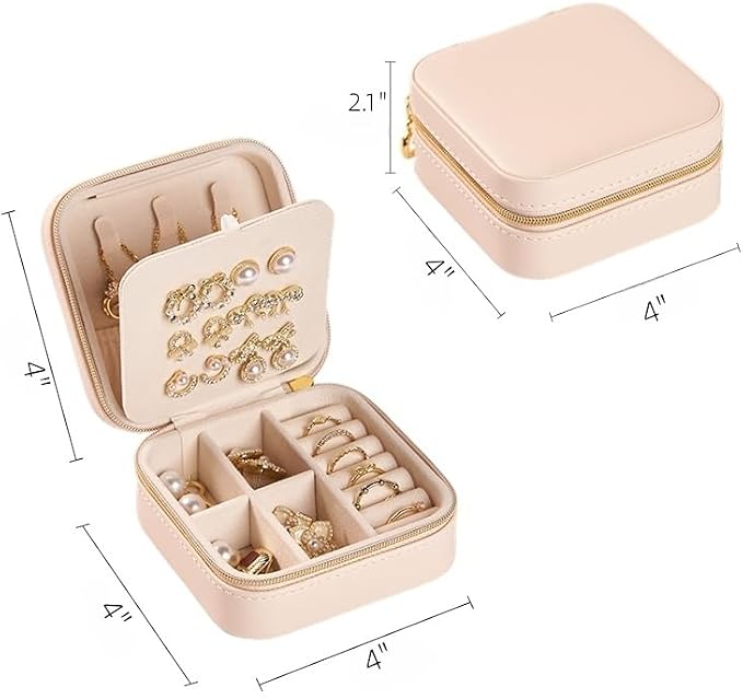 Travel Jewelry Box, PU Leather Small Jewelry Organizer for Women Girls, Portable Mini Travel Case Display Storage Holder Boxes for Stud Earrings, Rings, Necklaces (Apricot color) - Image 3