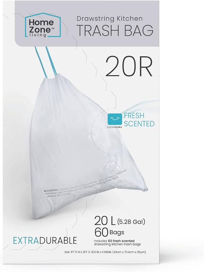 Home Zone Living 5.3 Gallon Kitchen Trash Bags with Drawstring Handles, Heavy Duty Custom Fit Design for 20 Liter Dual Recycling Liners, Code 20R, 60-Count by HomeZoneLiving