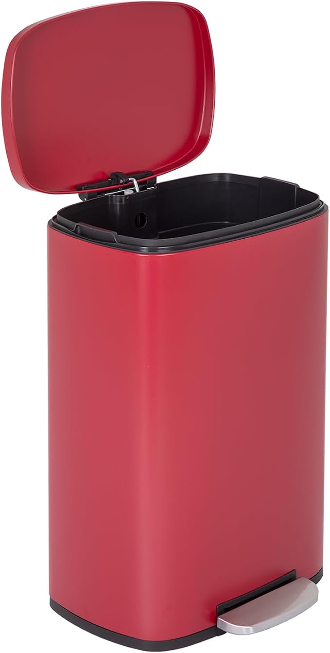 FDW | 13 Gallon Trash Can with Lid | Red | Fingerprint-Proof | Made of Brushed Stainless Steel | Soft-Close Step Pedal | Hands-Free Use | Easy to Clean | for Kitchen, Office, Bathroom by FDW