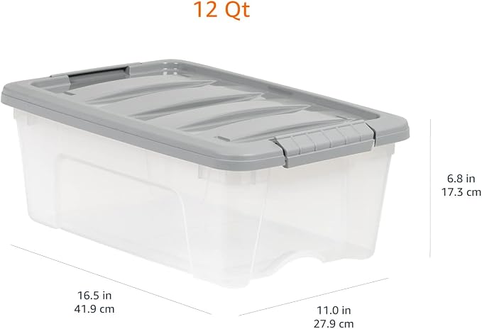 Amazon Basics Plastic Storage Containers with Secure Latching Lids, Stackable Organization Bins for Organizing, Clear/Grey, 12 Quart, Set of 6 - Image 7
