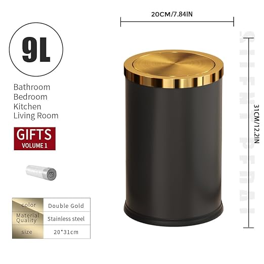 9L/2.4GAL Black and Gold Bathroom Trash Can, Small Trash Can with FILP Lid for Bathroom,Hotel,Office,Lundry,Powder Room (ＢＬＡＣＫ) - Image 8