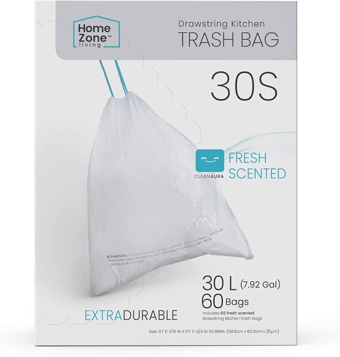 Home Zone Living 8 Gallon Kitchen Trash Bags with Drawstring Handles, Heavy Duty Custom Fit Design for Standard 30 Liter Kitchen Trash Cans, Code 30S, 60-Count by HomeZoneLiving