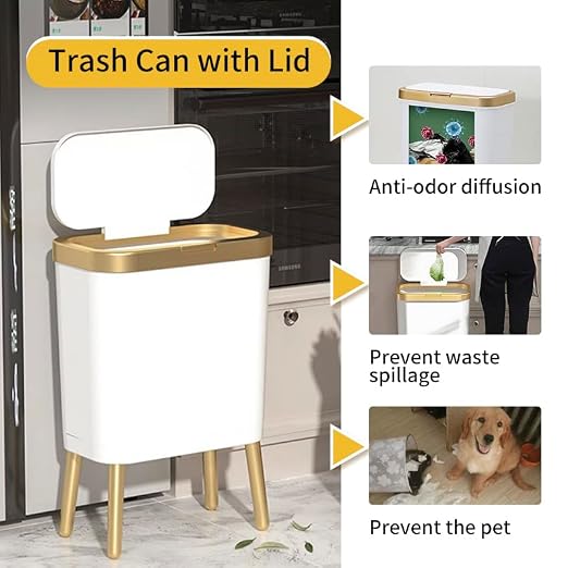 Procade Bathroom Trash Can with Lid, Plastic Garbage Can with Legs, 4 Gallon Gold Trash Bin with Push Button, Narrow White Trash Can Waste Basket for Bedroom, Living Room,Office，Dog Proof Trash Bin - Image 2