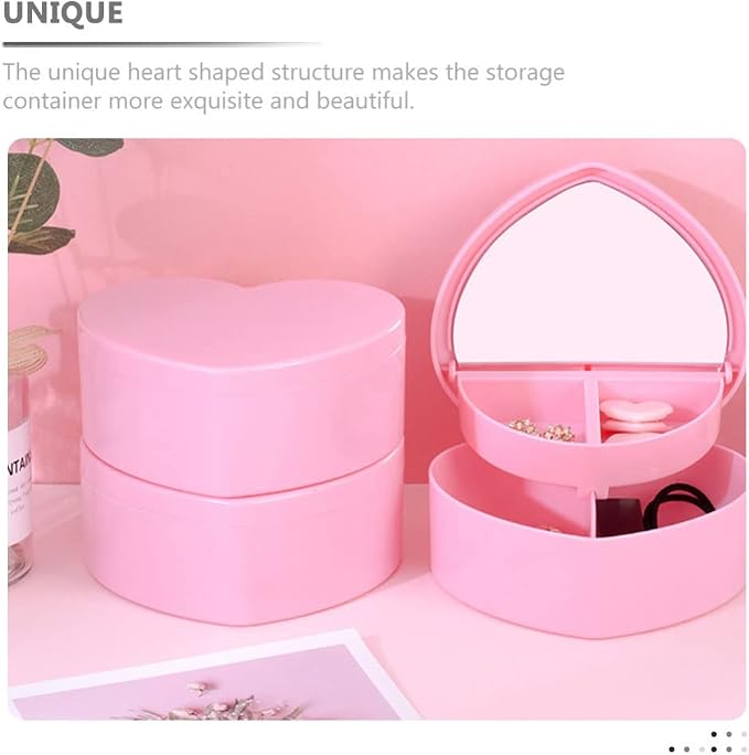 Cabilock 4 PCS Heart Shape Double Layer Jewelry Box with Mirror, Portable Jewelry Organizer Case for Earrings Rings Necklaces Desk Topper Organizer, Pink - Image 4