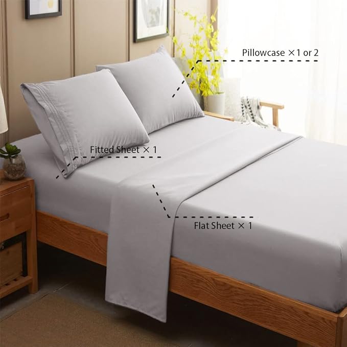 SONORO KATE Bed Sheet Set Super Soft Microfiber 1800 Thread Count Luxury Egyptian Sheets 16-Inch Deep Pocket Wrinkle and Hypoallergenic-4 Piece(Full Grey)