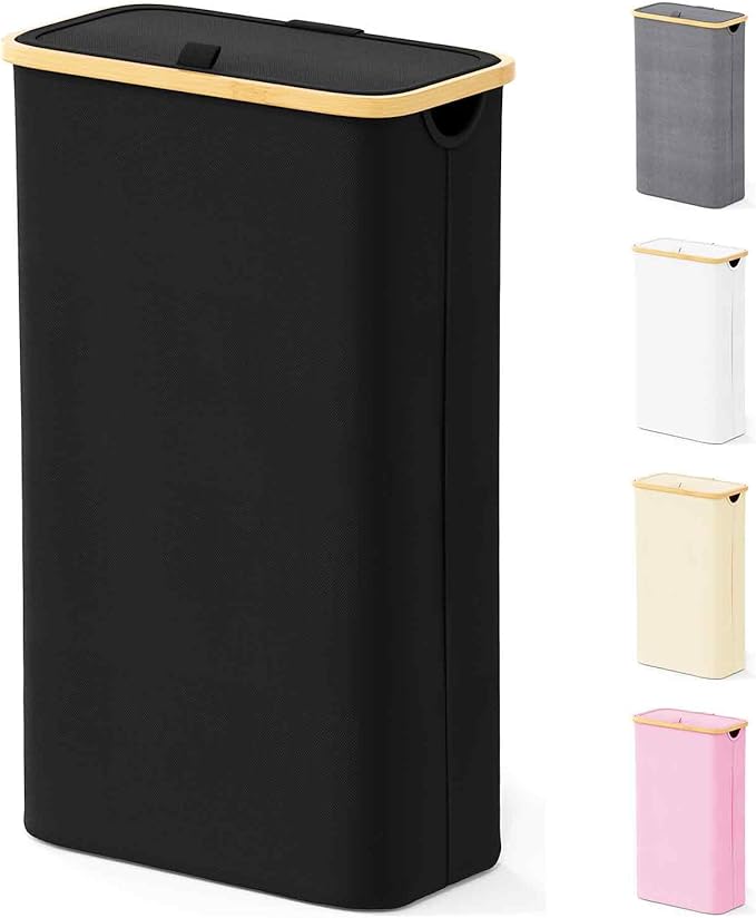 SpaceAid Slim Laundry Hamper with Lid, 65L Narrow Clothes Basket Bin with Bamboo Handles, Skinny Tall Collapsible Hamper for Bedroom, Bathroom, Dorm, Laundry Room - Black by SpaceAid