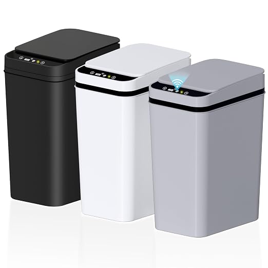 jinligogo 3Pack Bathroom Small Trash Can with Lid, 2.6 Gallon Touchless Automatic Garbage Can Slim Waterproof Motion Sensor Smart Trash Bin for Bedroom, Office, Living Room White/Black/Grey by SecureSpacesCleanerPlaces