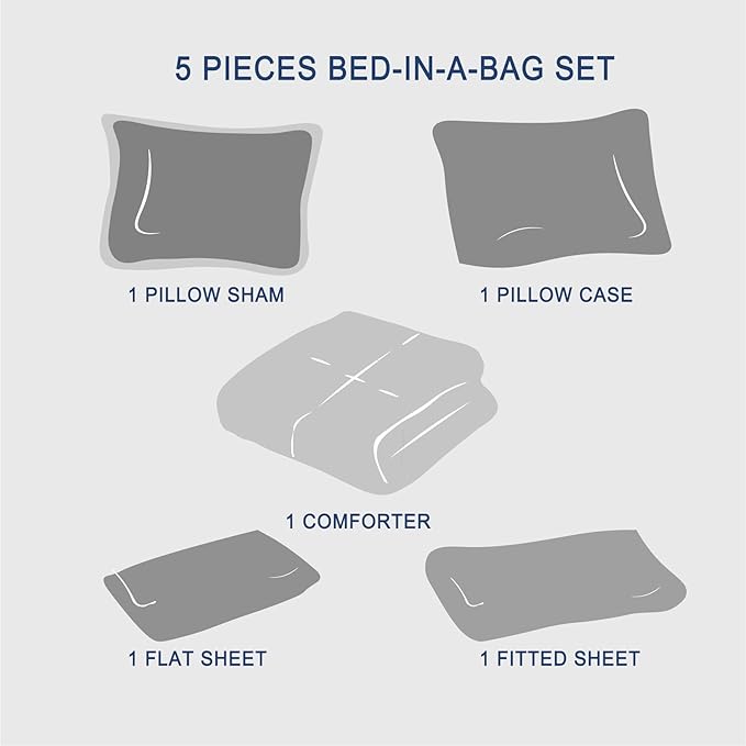 Zzlpp Twin Comforter Set 5 pieces, Dark Grey Seersucker Bed in a Bag with Comforter and Sheets, All Season Bedding Sets with 1 Comforter, 1 Pillow Sham, 1 Pillowcase, 1 Flat Sheet, 1 Fitted Sheet