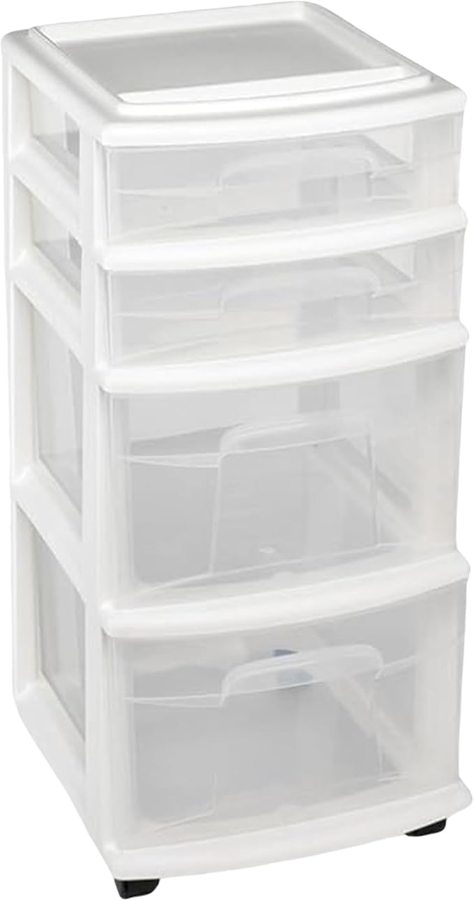 HOMZ Drawer Tower, 4-Tier Clear Plastic Storage Organizer Cart, White Frame – Rolling Containers with Wheels for Bathroom, Bedroom, Office, and Classroom Organization by Homz