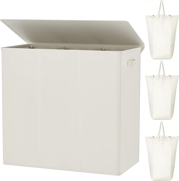WOWLIVE 180L Laundry Hamper with Lid 3 Section,Large Laundry Basket with Removable Bags and Handles,Collapsible Dirty Clothes Hampers for Laundry,Laundry Basket Organizer for Laundry Room,Dorm,Beige by WOWLIVE