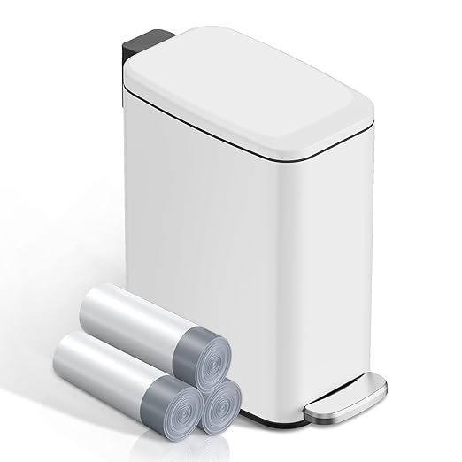 KSSKSS Small Bathroom Trash Can with Lid Soft Close, Step Pedal, 6L / 1.6 Gal Stainless Steel Garbage Bin with Removable Inner Bucket, Slim Wastebasket for Narrow Spaces (White) by ksskss