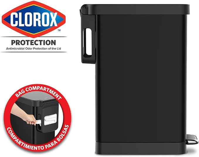 Glad Slim Trash Can with Clorox Odor Protection - Narrow Kitchen Garbage Bin with Soft Close Lid, Step On Foot Pedal and Waste Bag Roll Holder, Black, 12 Gallon/45 Liter - Image 2