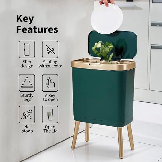 Procade Trash Can with Lid,Small Bathroom Garbage Can with Lid, Plastic Trash Can with Push Button,Narrow Waste Basket for Bedroom,Living Room, Toilet,Office,Kitchen,4 Gal-Gold Edge - Image 2