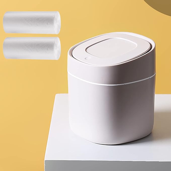 LTWQLing Plastic Mini Trash Can with Lid - 2 L Pop Up Wastebasket for Bathroom Vanity, Desktop, Tabletop or Coffee Table - Dispose of Cotton Rounds, Makeup Sponges, Tissues (Grey) by LTWQLing