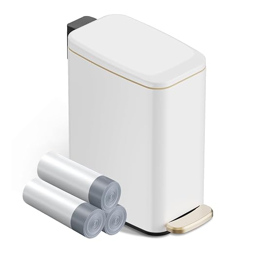 KSSKSS Small Bathroom Trash Can with Lid Soft Close, Step Pedal, 6L / 1.6 Gal Stainless Steel Garbage Bin with Removable Inner Bucket, Slim Wastebasket for Narrow Spaces (White) by ksskss