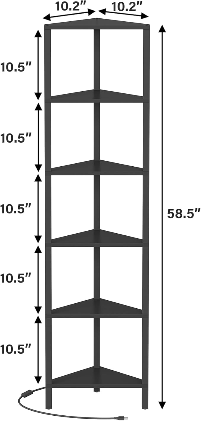 TUTOTAK Corner Shelf with LED Light, 6-Tier Corner Bookshelf for Small Space, Narrow Display Corner Shelf Stand with Storage Rack, for Living Room, Bedroom, Black BS05BK006L - Image 2