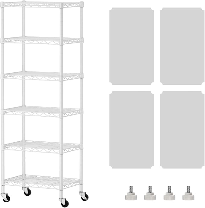 SINGAYE 6 Small Shelf Storage Wire Shelves Closet Bathroom Organizers Metal Pantry Kitchen Garage Shelving Unit Laundry Room Organization Home Narrow Rack Net Basket with Wheels White by SINGAYE