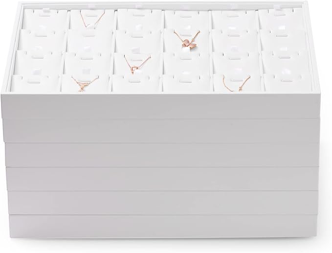 Oirlv Premium White Leather Stackable Jewelry Tray 24 Grid Jewelry Organizer Tray with Removable Inserts Cards Necklace Display Holder - Image 5