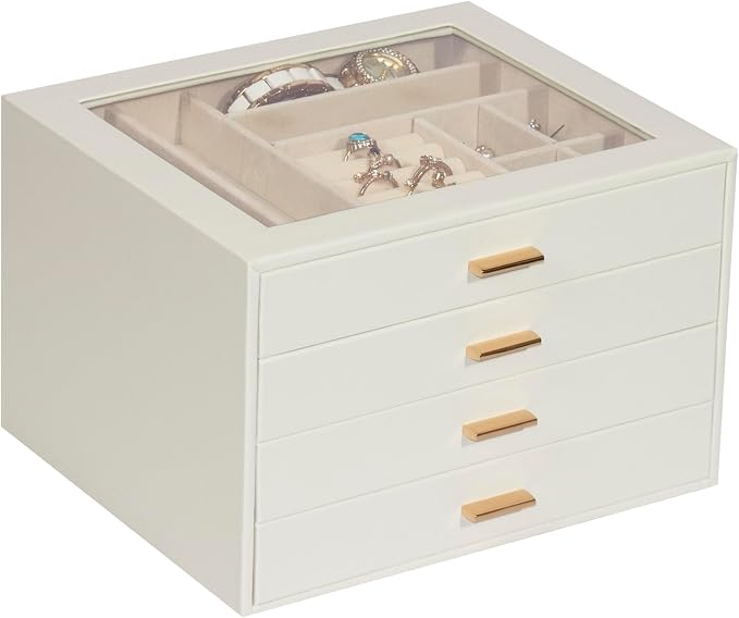 Jewelry Box with Glass Lid, 4-Layer Jewelry Organizer for Women Girls, PU Leather Display Case with 20-Grid Earring Tray & Movable Dividers for Necklaces Rings - Cloud White by Unknown