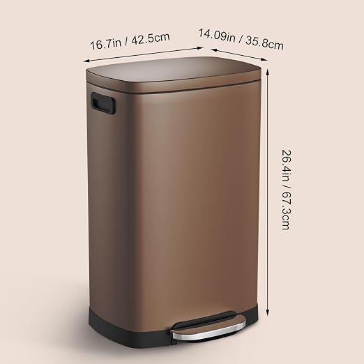 ELPHECO LPHECO Kitchen Trash Can with Lid Soft Close, 13 Gallon / 50L Stainless Steel Pedal Garbage Can, Heavy-Duty Step Wastebasket with 20 Bags, Removable Bucket, Home Office, Kitchen, Brown - Image 3