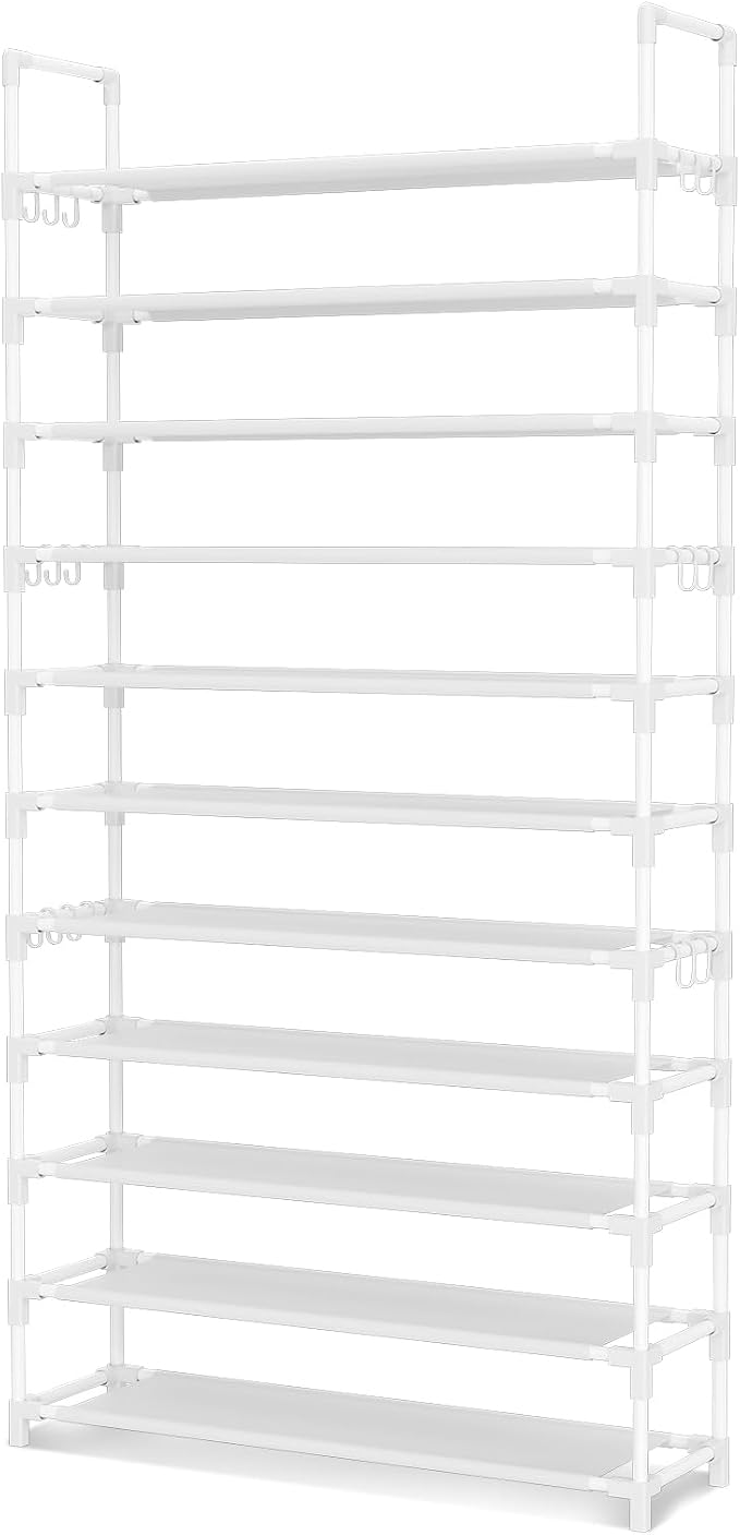 LANTEFUL 11 Tiers Tall Shoe Rack Holds 55 Pairs of Shoes with 18pcs Hooks Sturdy Wide Shoe Organizer Storage Free Standing Metal Shoe Shelf for Closet, Entryway White - Image 8